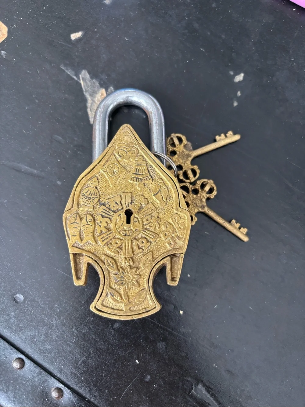 Brass Buddha Head Decorative Padlock - Gold Accent